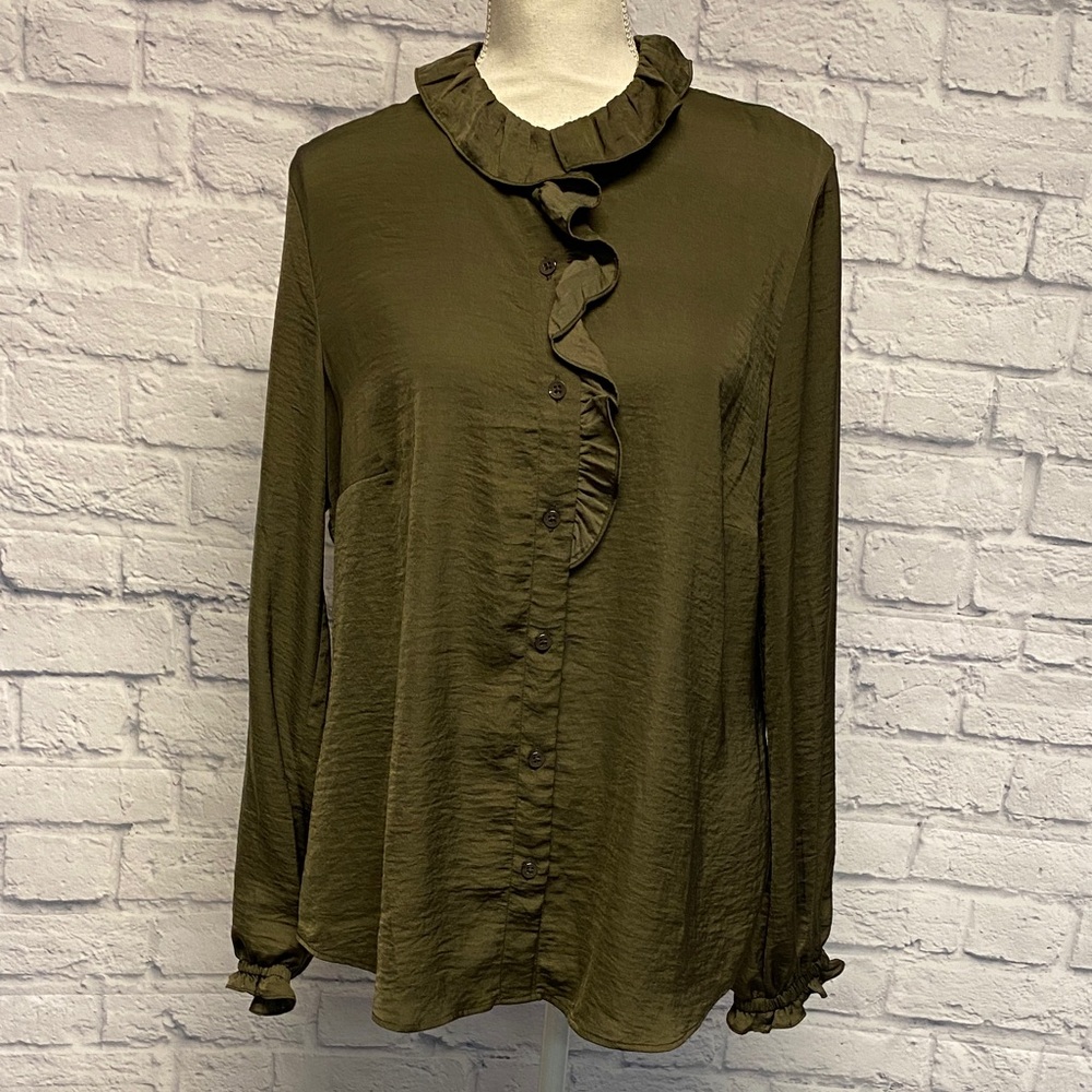 CAbi Olive Ruffle Button-Down Shirt Size Medium